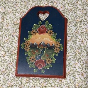 Vintage Hand Painted Floral Mountain Wall Decor with Heart Cutout